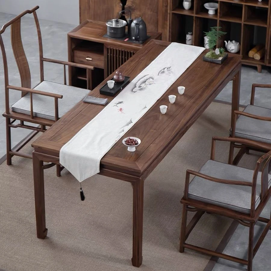 榆木桌椅组合一整套实木茶艺高档榫卯结构书桌餐桌新茶几茶桌一体