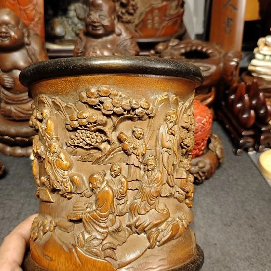 福***娃竹竹雕九老文房笔筒