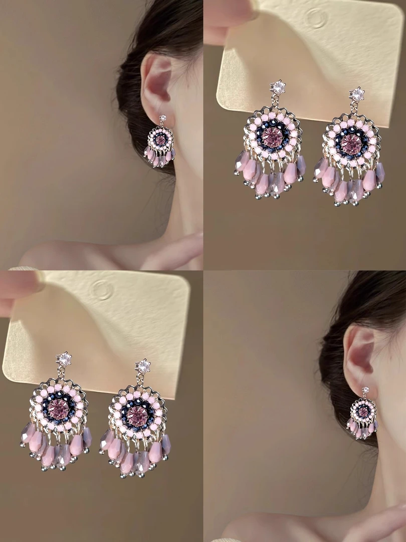 合金锆石耳饰 紫色串珠流苏耳环波西米亚民族风小众耳钉精致耳饰