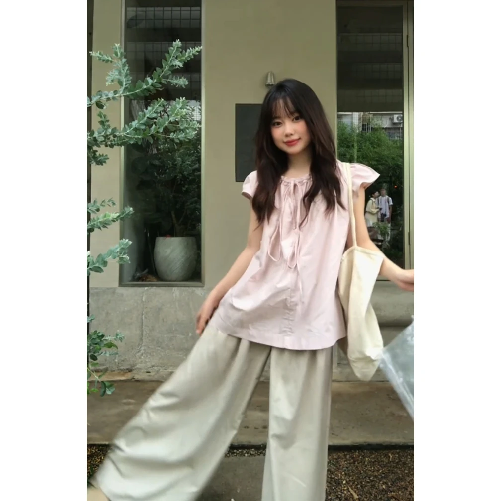 韩系甜美风休闲慵懒风套装女夏季穿搭粉色系带衬衫短袖长裤两件套