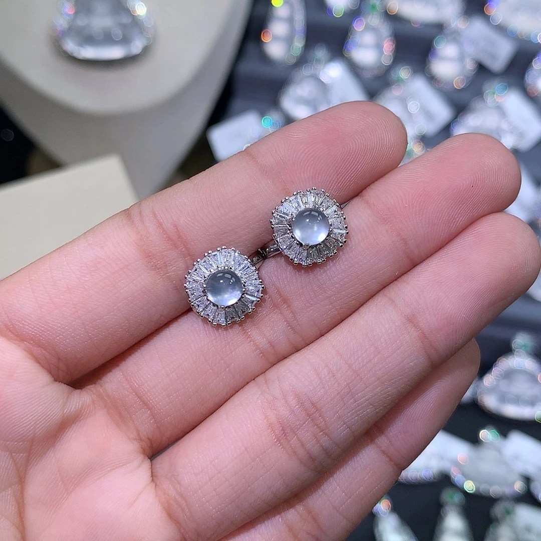 石英质玉耳钉银S925镶嵌