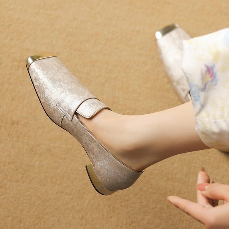 牛皮2cm拼色新中式深口乐福鞋女平底粗跟舒适国风方头大码单鞋子