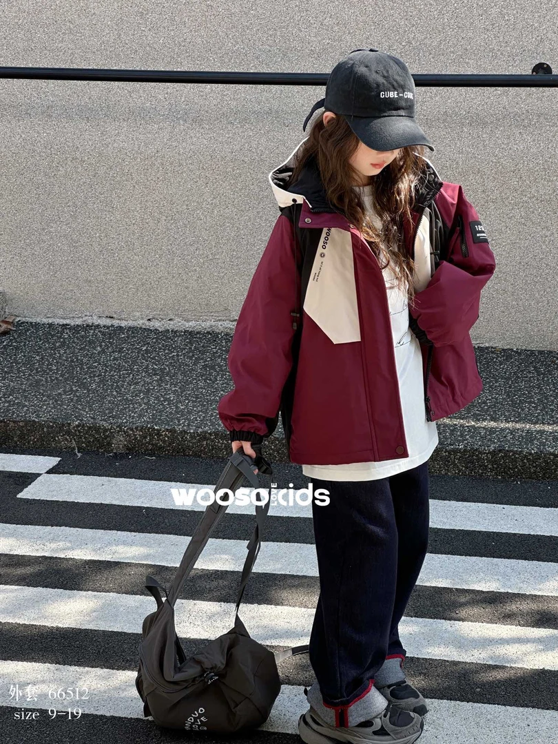 女童拼色冲锋衣冬儿童加棉防风外套66512 男童户外登山服连帽棉服