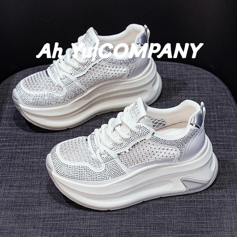 网面水钻增高小白鞋女2025新款时尚百搭韩版厚底透气老爹鞋女鞋潮