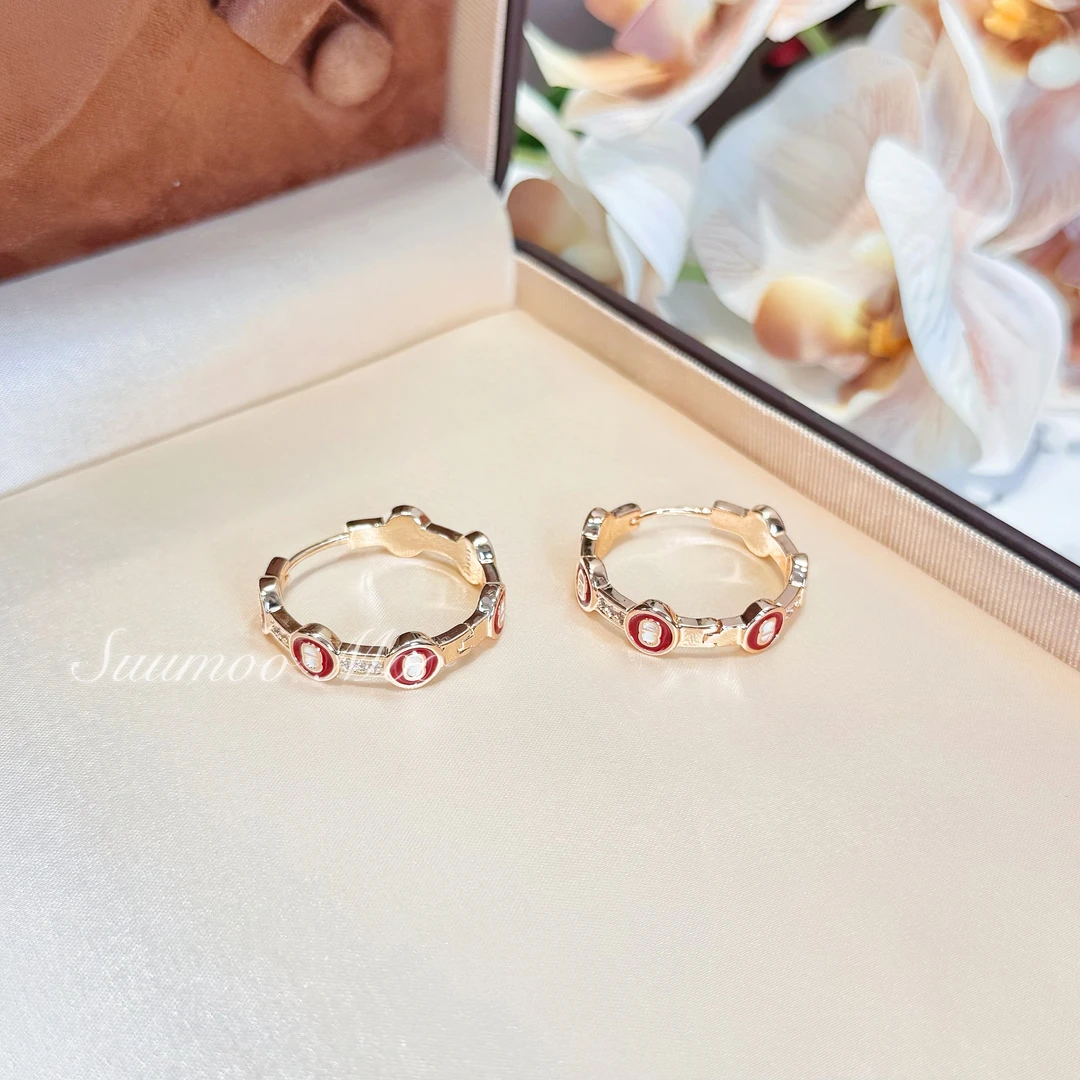 铜合金合成锆石耳饰 日韩气质珐琅红色大圈圈字母耳环