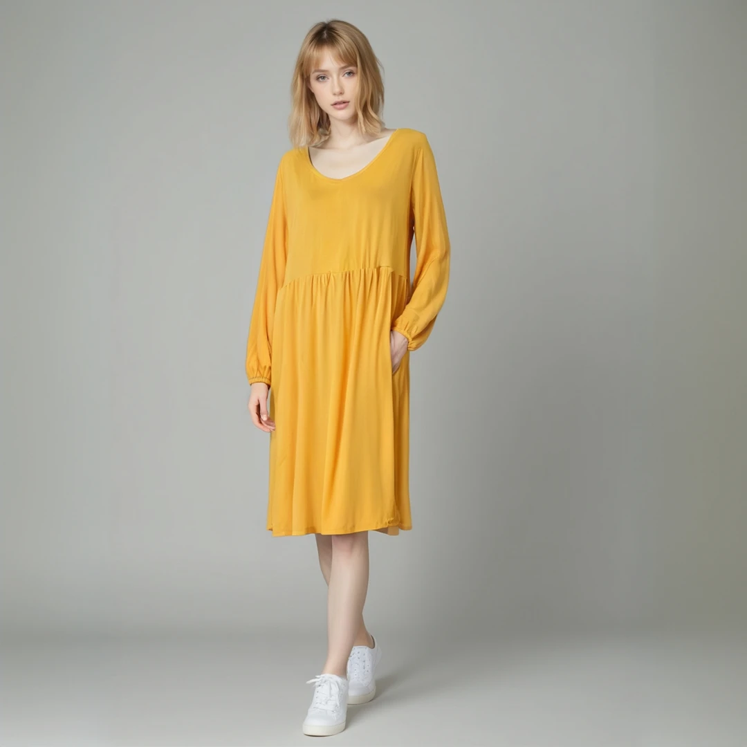 Q201 夏季简约风纯色长袖宽松遮肉减龄连衣裙