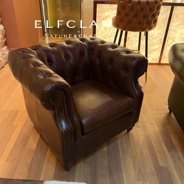 茶室设计真皮轻奢复古美式头层牛皮别墅客厅油蜡牛皮会所沙发椅sz