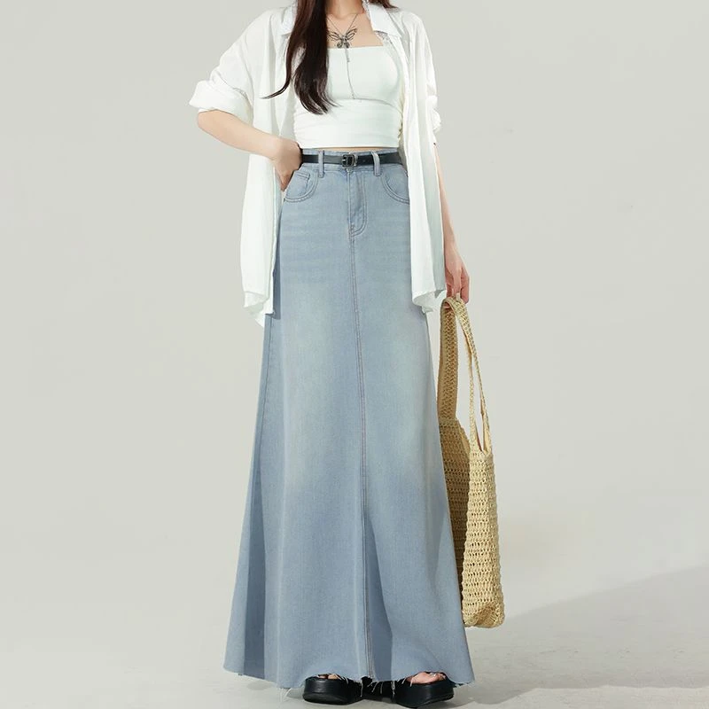 精品港风韩版潮流牛仔半身裙女春秋新款高腰宽松显瘦垂感a字牛仔