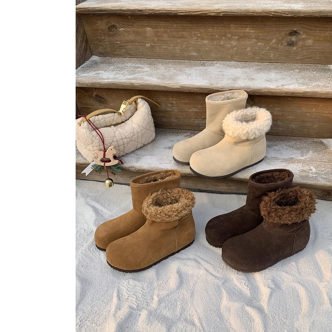 【苏茵茵】卷毛小面包~皮毛一体保暖勃肯毛毛短靴女雪地靴E5421046