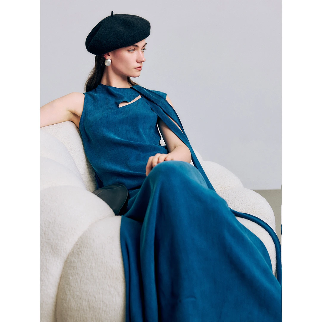 玖着“自由女神”臻萃高克重砂洗铜氨柔糯垂顺造型飘带无袖连衣裙