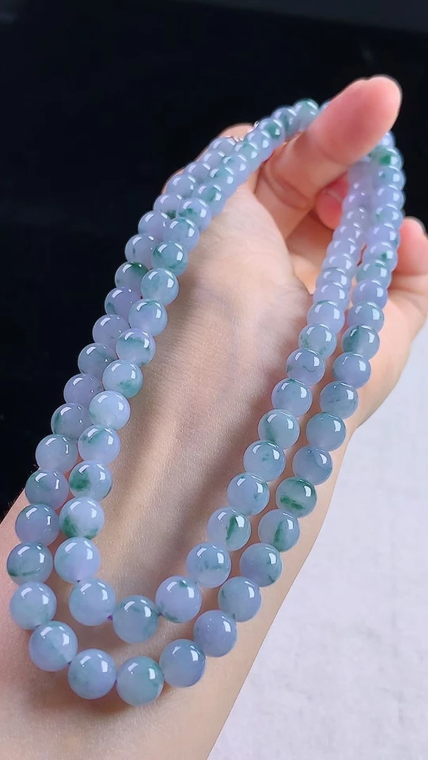 冰紫飘花圆珠链天然翡翠A货时尚珠珠长链百搭双圈