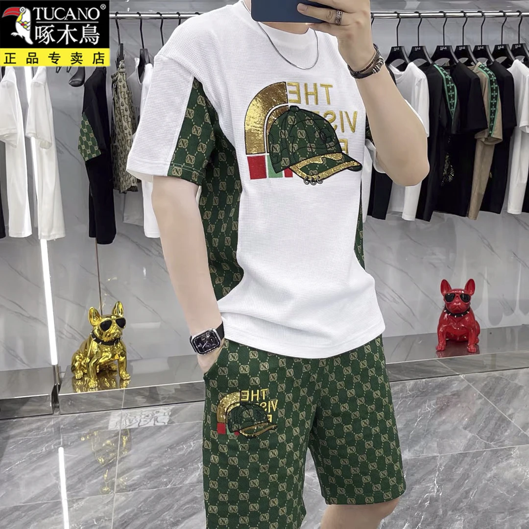 啄木鸟休闲套装男士2025年新款夏季潮流运动短袖短裤男装搭配一套
