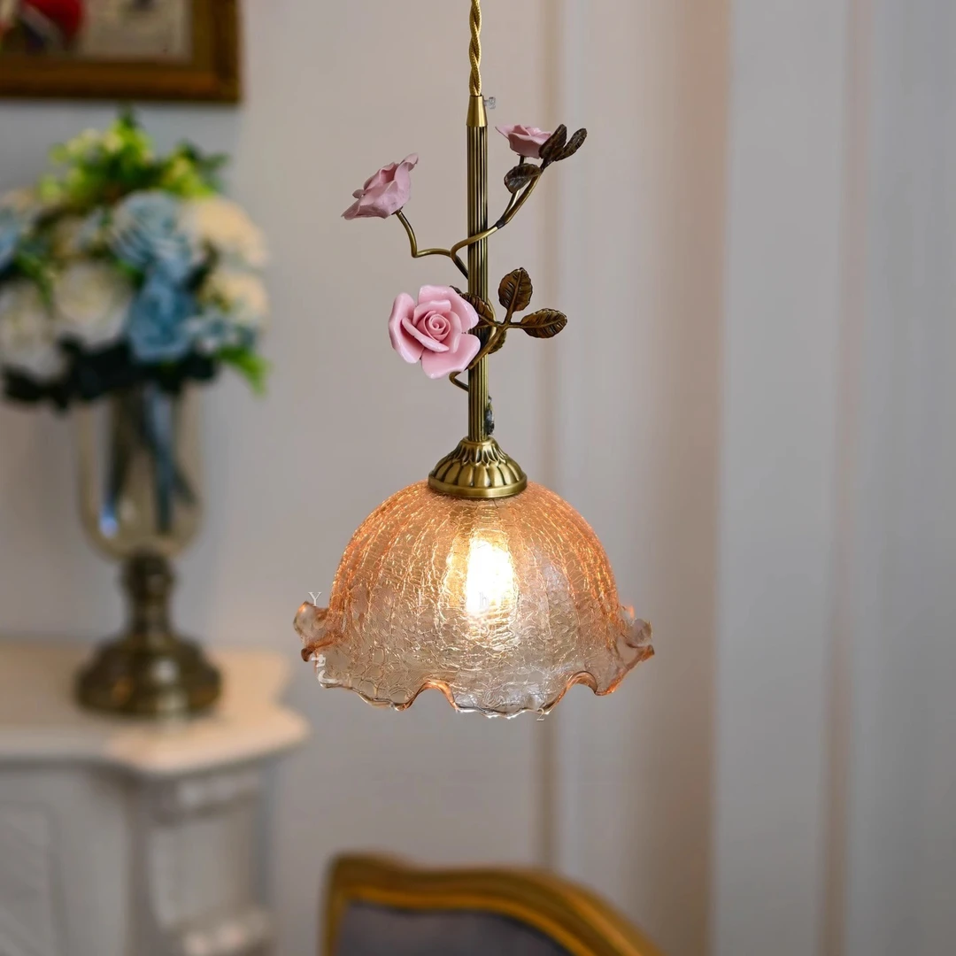 全铜法式床头吊灯氛围玫瑰花朵小吊灯创意个性复古艺术现代餐厅灯