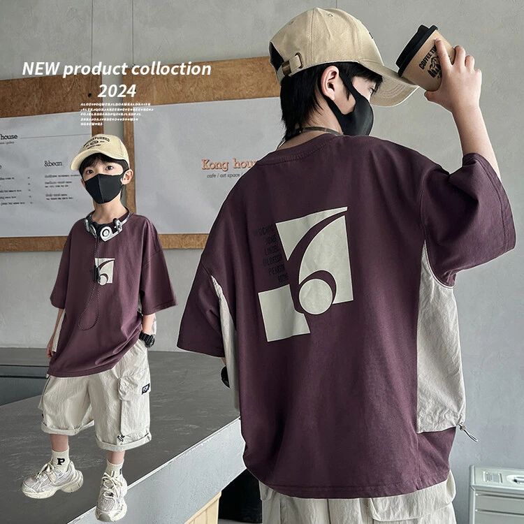 2025新款夏季时尚男童紫色T恤休闲百搭短袖上衣潮童夏装
