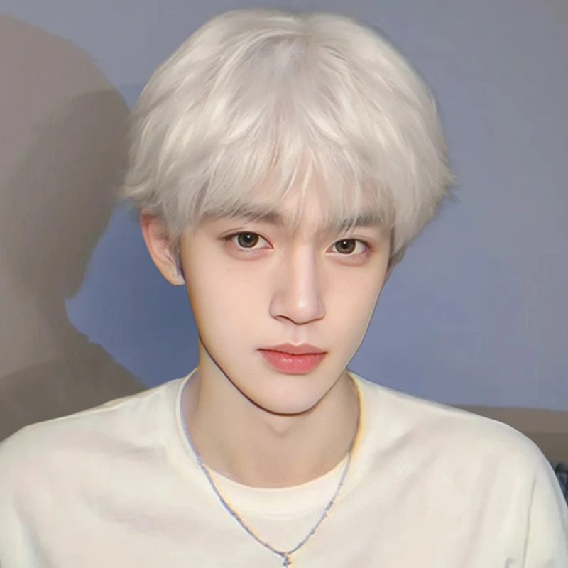 假发男短发可斜刘海韩版帅气蓬松白金色时尚微分碎盖男生全头套式