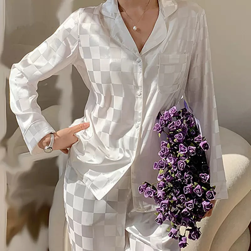 重磅百分百桑蚕丝提花桑波段棋盘格时尚百搭女款桑蚕丝睡衣家居服