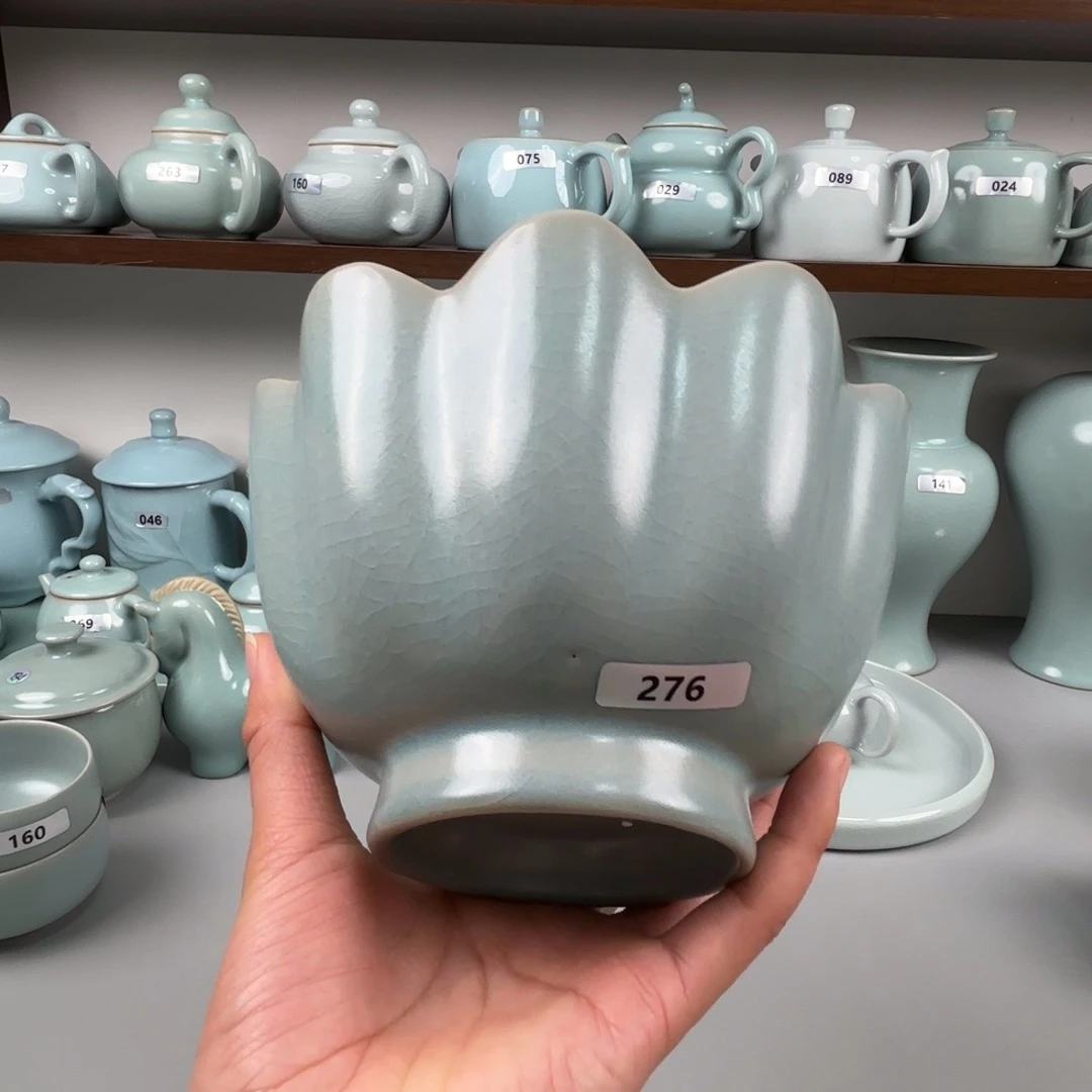 陶摆件汝瓷莲花碗支钉烧仿古釉微瑕特价不退不换276