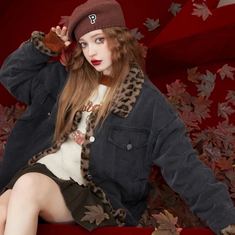 【云c专属】妖精的口袋拼接豹纹灰色复古加厚牛仔外套2025秋季