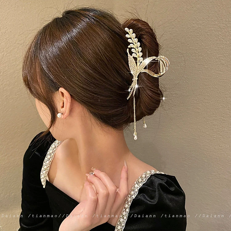 麦穗珍珠流苏2023新款盘发抓夹高级感后脑勺古风发夹女鲨鱼夹头饰