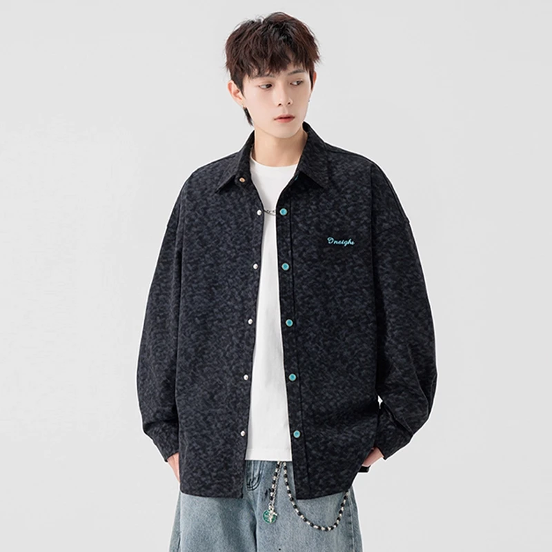刺绣翻领衬衫男春秋季美式宽松长袖衬衣外套男款痞帅休闲秋装褂子