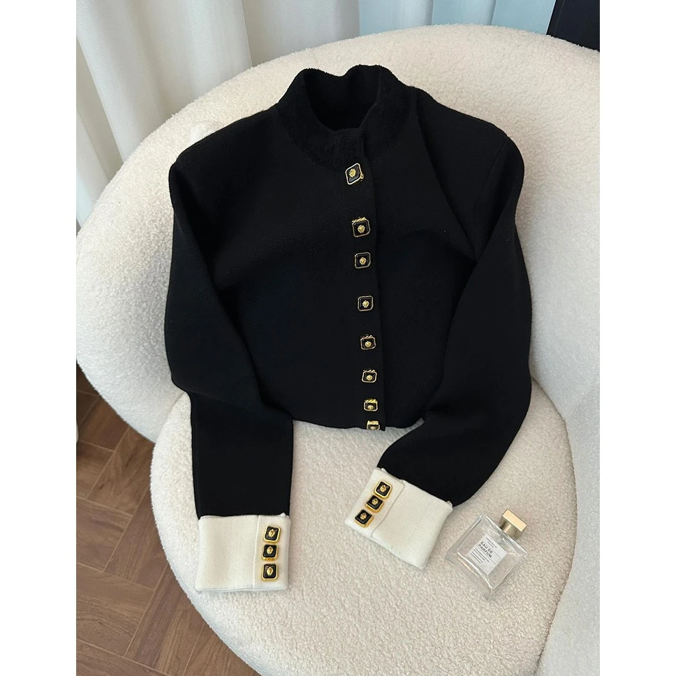 韩系小香风黑色针织毛衣开衫短外套女2024新款秋冬高级感打底内搭