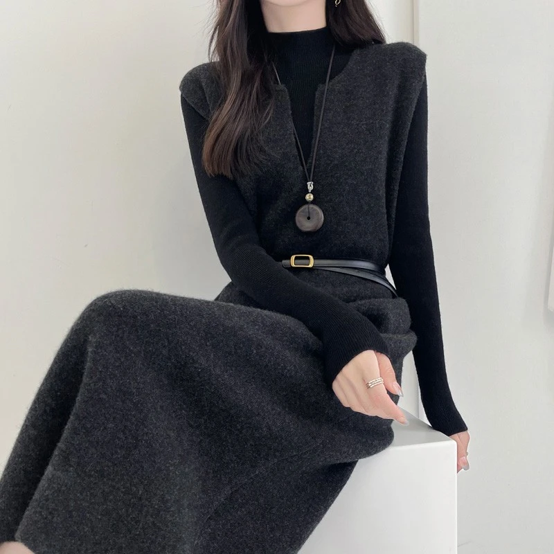 法芬图秋春新款羊毛女圆领无袖针织毛衣马甲裙中长款过膝打底连衣