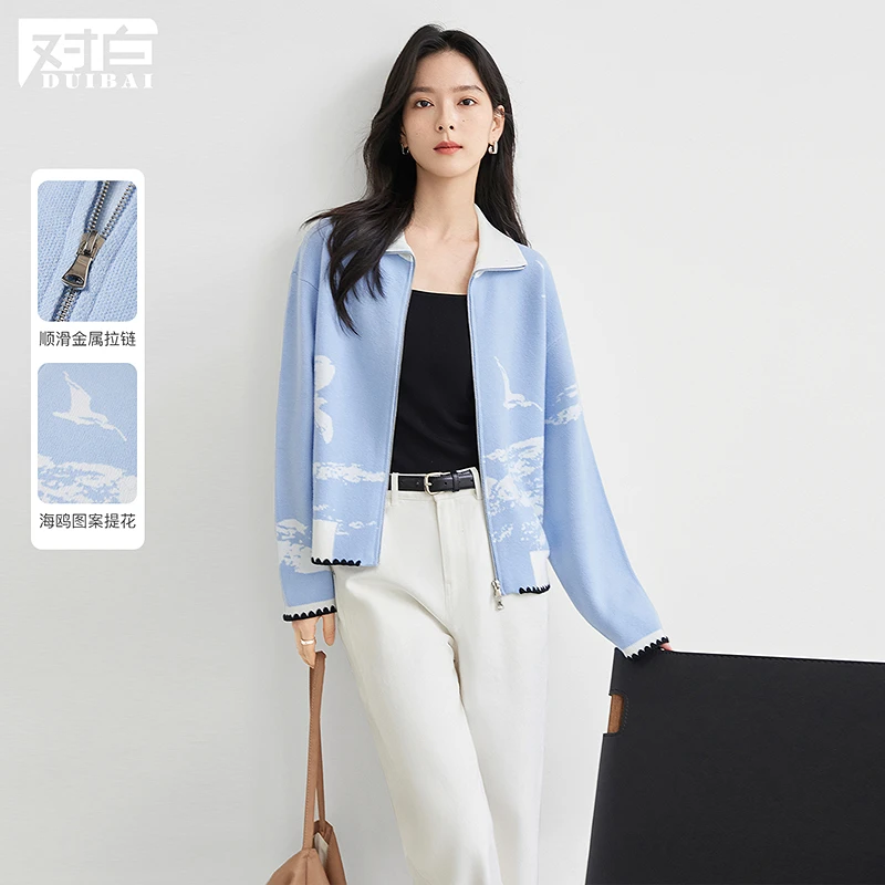 对白蓝色海鸥提花拉链毛衣开衫女欧若风春季新款高级感翻领针织外