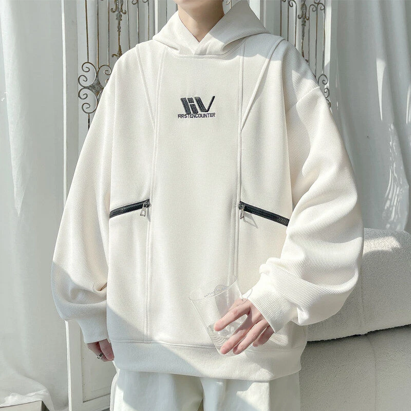 春季旋律风车大码美式高街连帽卫衣港风宽松华夫格学生运动外套