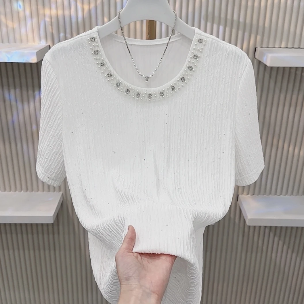 2025夏季新款圆领钉珠大码宽松时尚百搭短袖T恤