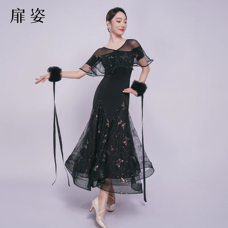 扉姿 摩登舞裙女国标舞亮片比赛裙新款交谊舞洋气跳舞连衣裙F3057