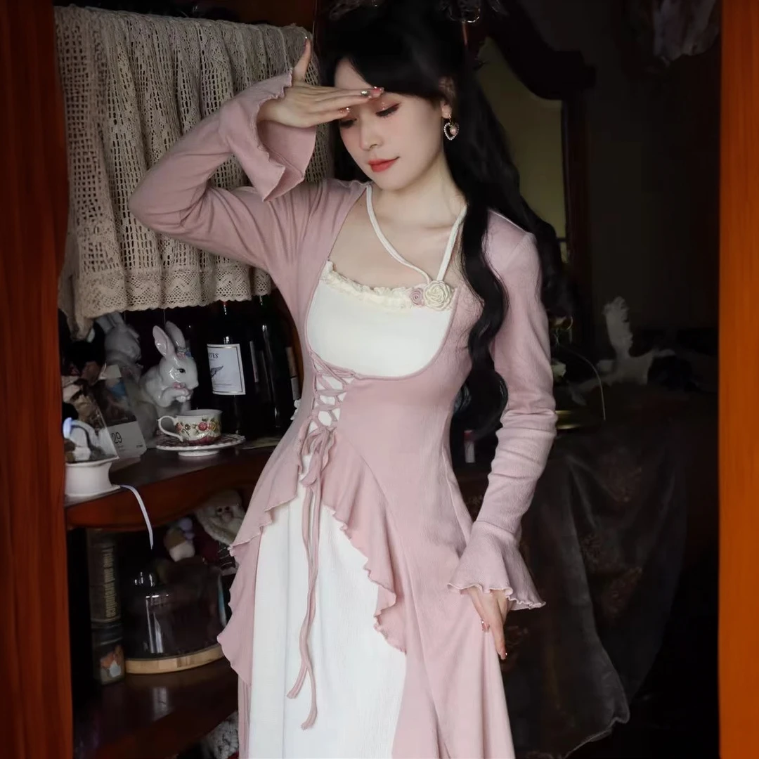 法式小个子新中式古风显瘦设计感长袖假两件连衣裙子新款秋冬