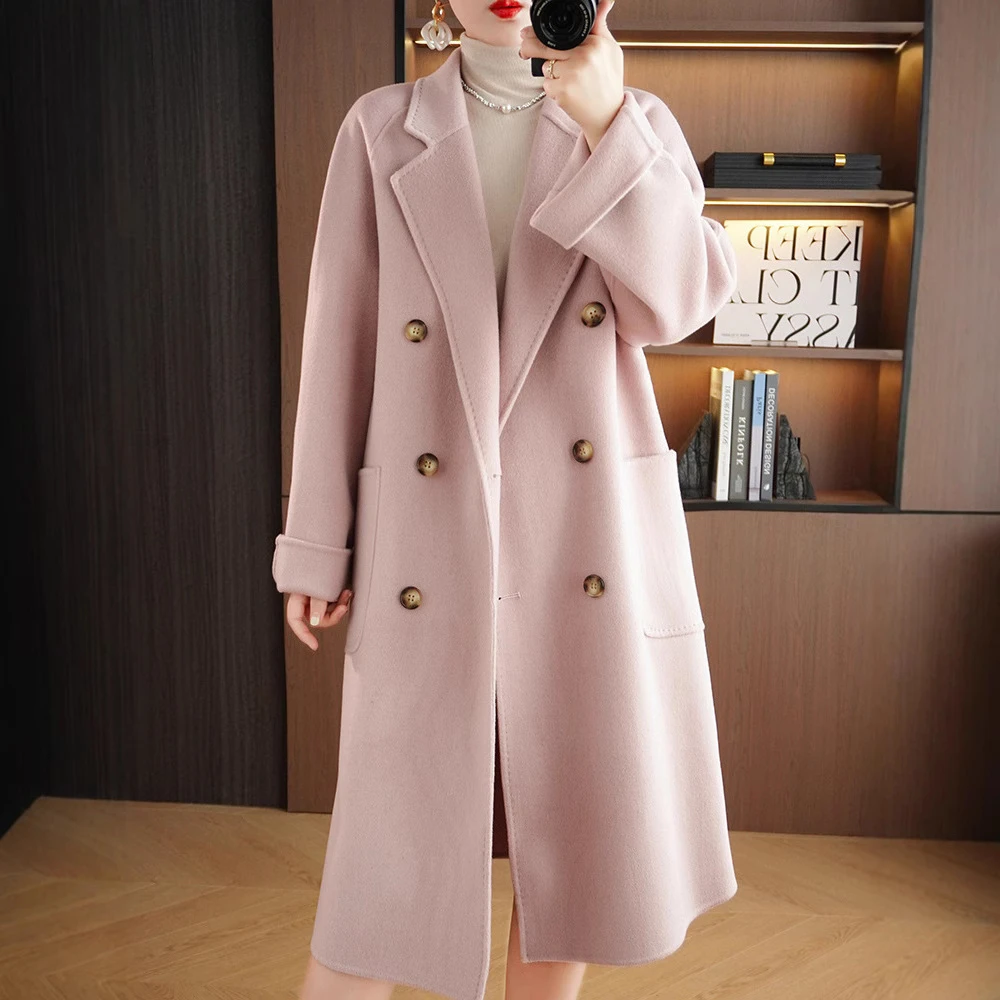 新品双面尼羊毛大衣女粉色加长款宽松毛呢外套双面羊绒经典款风衣