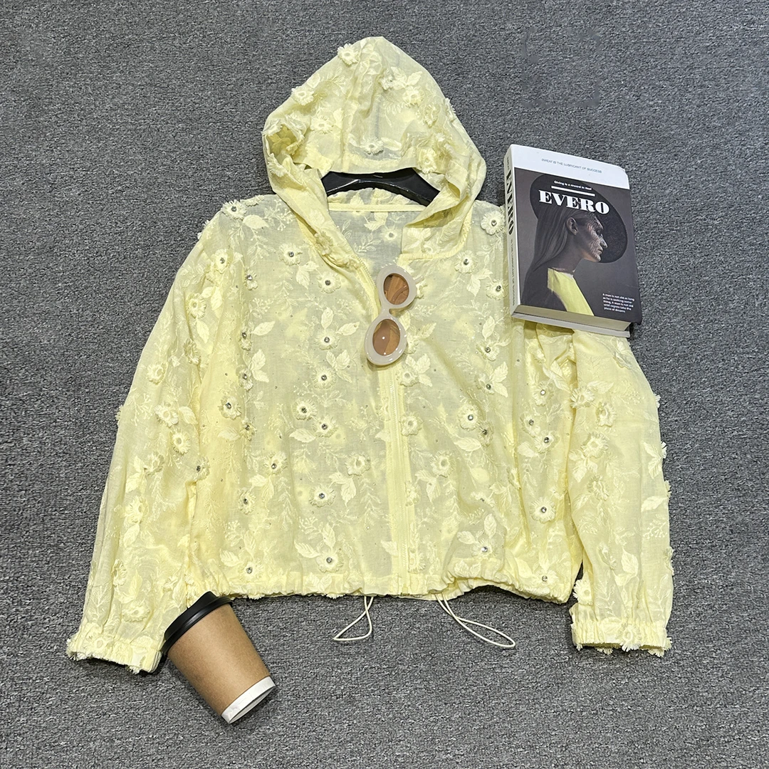 2025夏季重工新款立体刺绣花朵连帽长袖衬衫女宽松休闲慵懒风衬衣