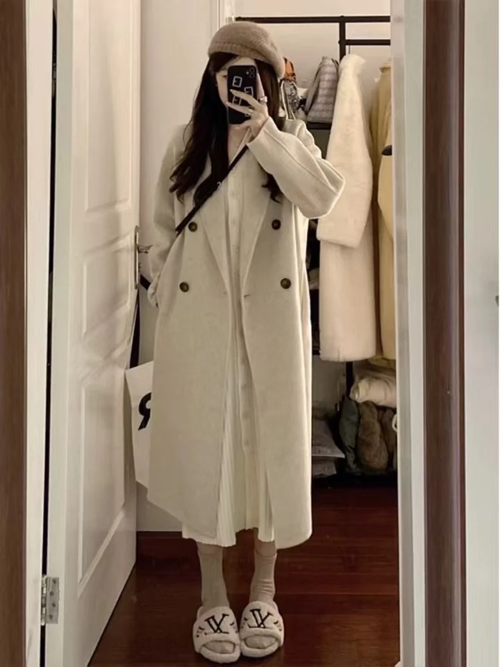 宽松翻领双排扣设计冬季韩版通勤休闲百搭长款双面羊绒大衣外套女