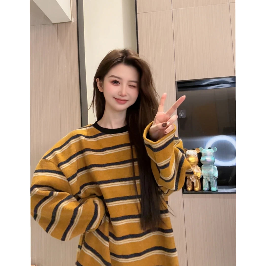 【运补6米】慵懒风撞色条纹圆领长袖毛衣秋冬2025宽松显瘦百搭上衣