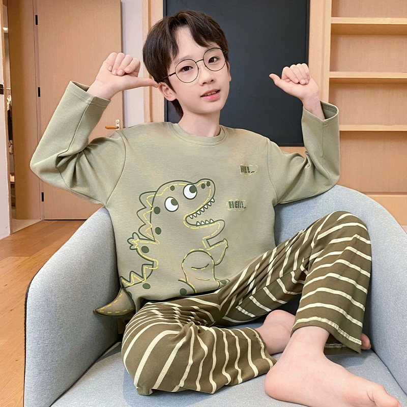 儿童新款纯棉男童睡衣春秋季长袖套装中大童小男孩洋气卡通家居服