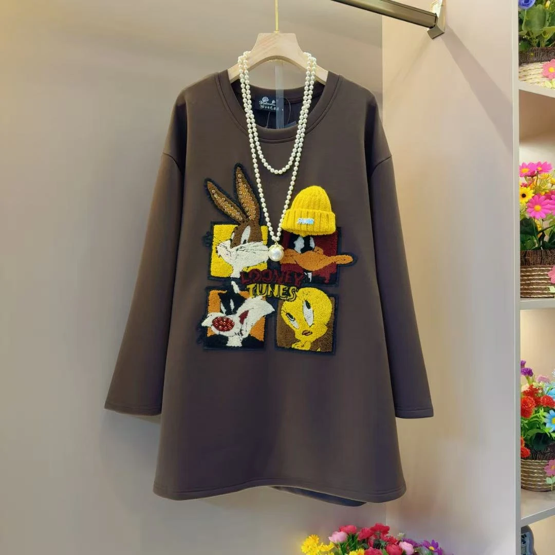 韩系卡通毛巾绣四宫格减龄显瘦遮肉T恤衫衣长80左右