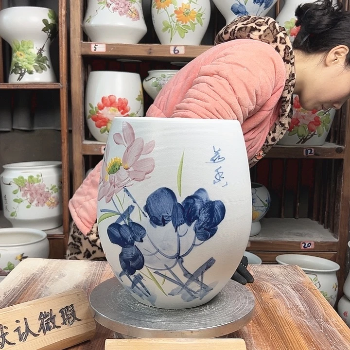 摆件但盆青花荷花瓷新款陶瓷