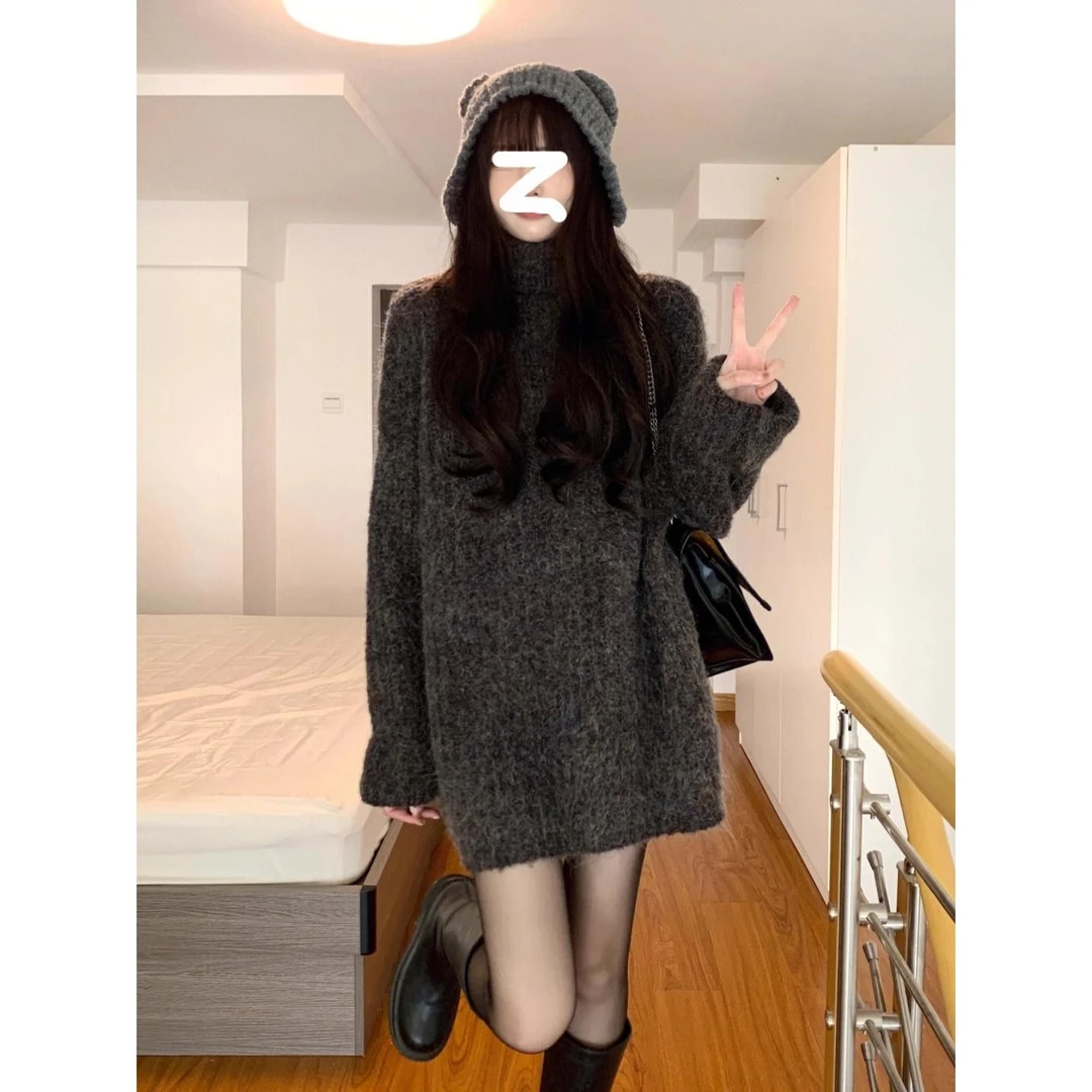 莲叶灰色中长款马海毛高领毛衣女秋冬加厚宽松外穿慵懒风内搭针织