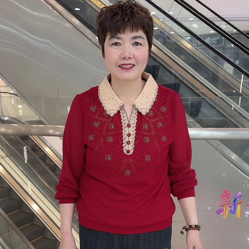 T8032 早春中老年洋气妈妈装中式简约拼接宽松百搭长袖上衣