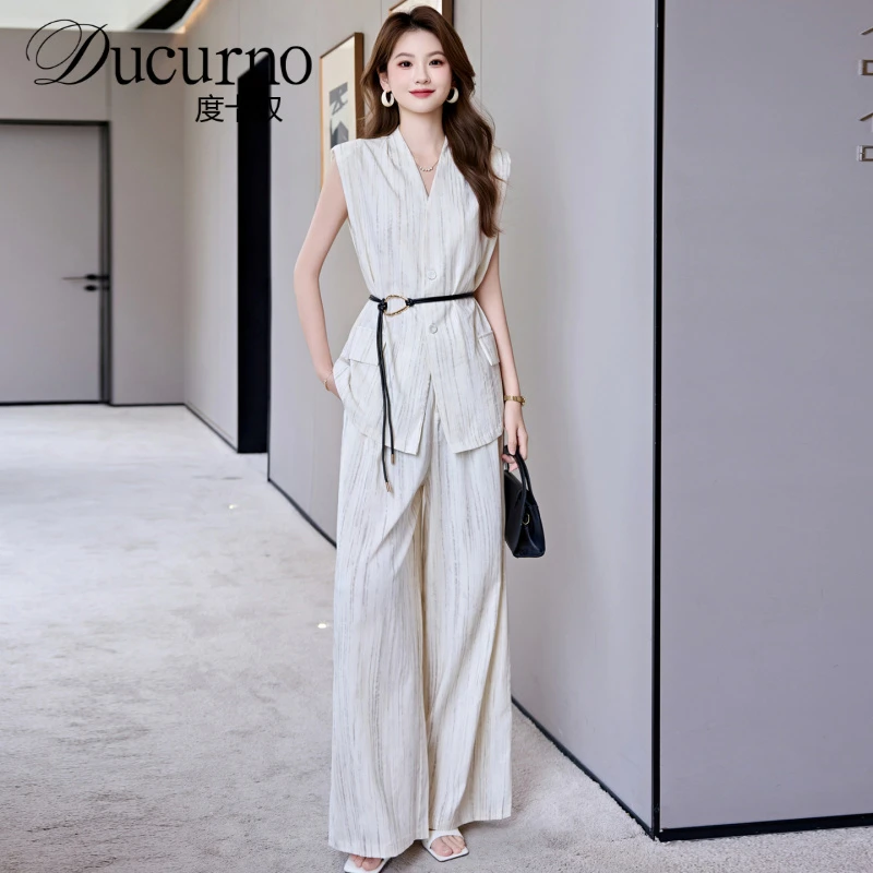 轻熟风通勤显瘦套装女2025夏季薄款气质西装背心白色阔腿裤两件套