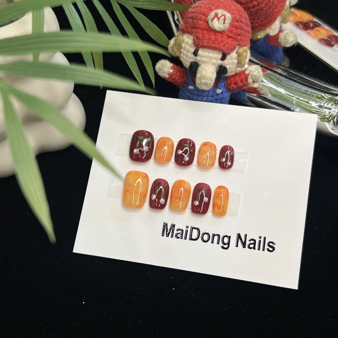 ｢落日下的樱桃｣ 暖主色调，樱桃是粉色猫眼穿戴甲