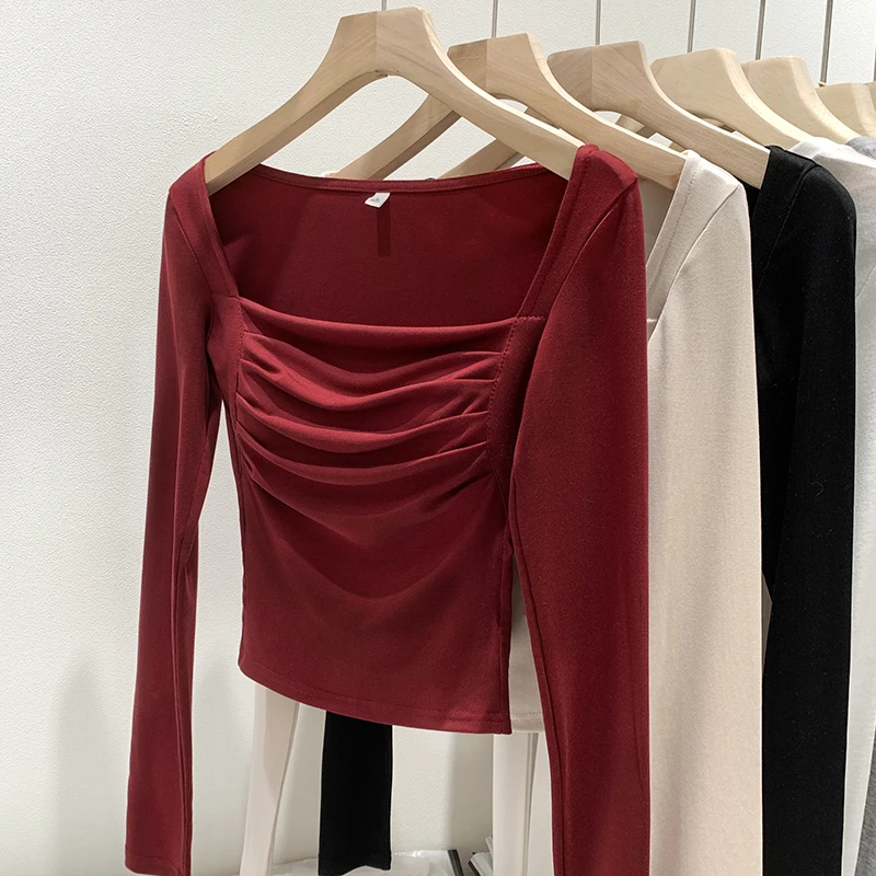 【Q】带胸垫褶皱长袖方领T恤2024新款百搭修身显瘦上衣250107