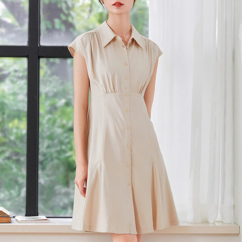 杏色御姐气质衬衫连衣裙女夏新款职业通勤POLO修身中长裙HT20731