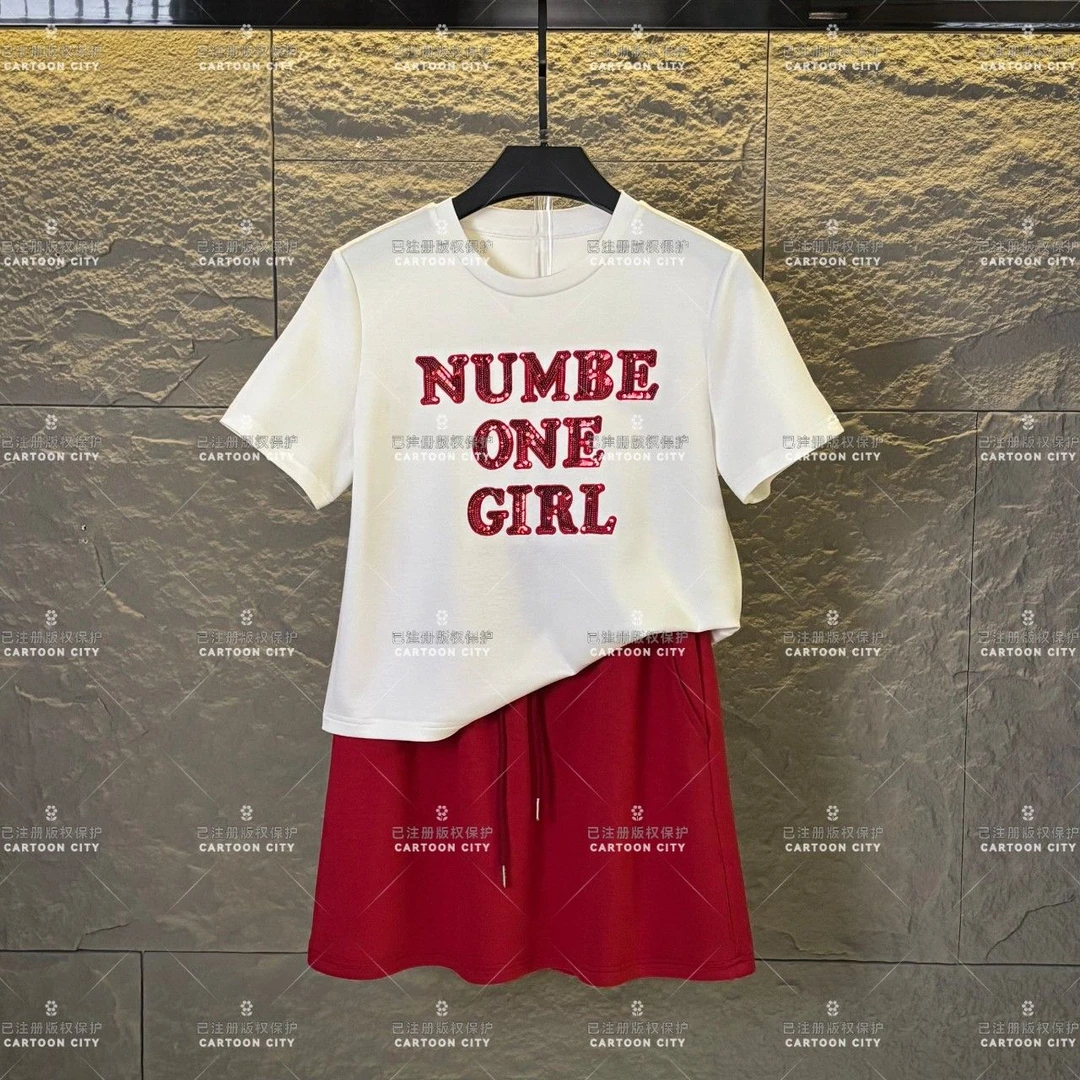 编码WMA-A334丨<红色亮钻字母>宽松版夏季T恤短裙显瘦套装