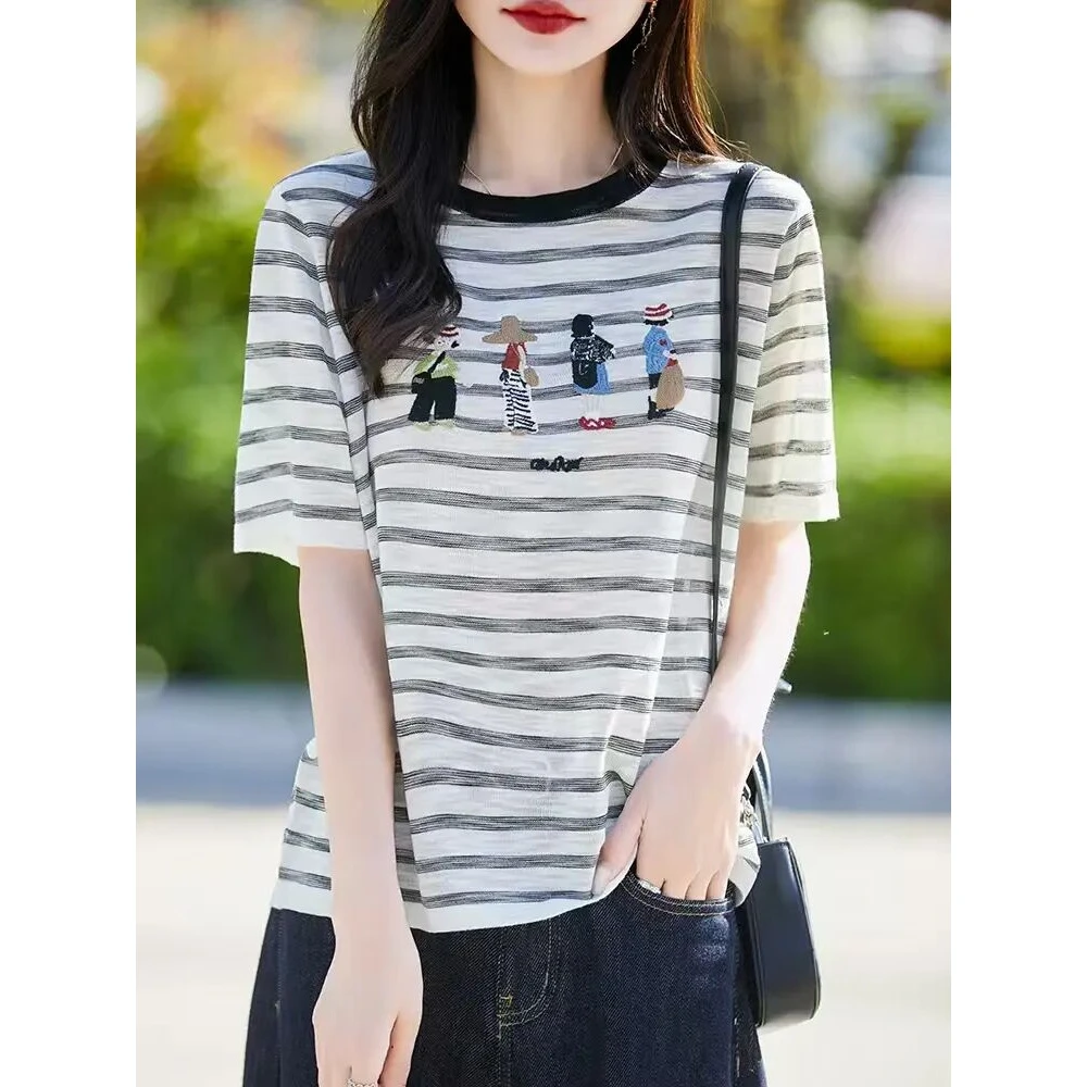 春夏简约条纹刺绣百搭～圆领拼色时尚天丝女士短袖T恤上衣BY-2