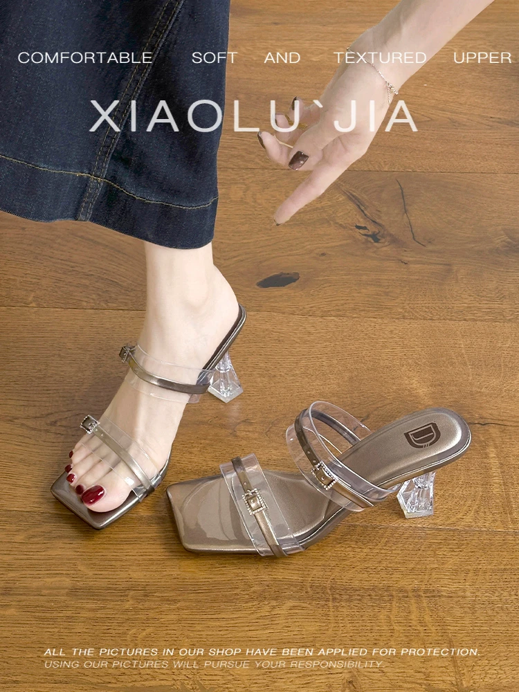 时尚一字拖透明水晶跟夏季外穿高跟女鞋细跟绝美配裙子露趾凉拖鞋