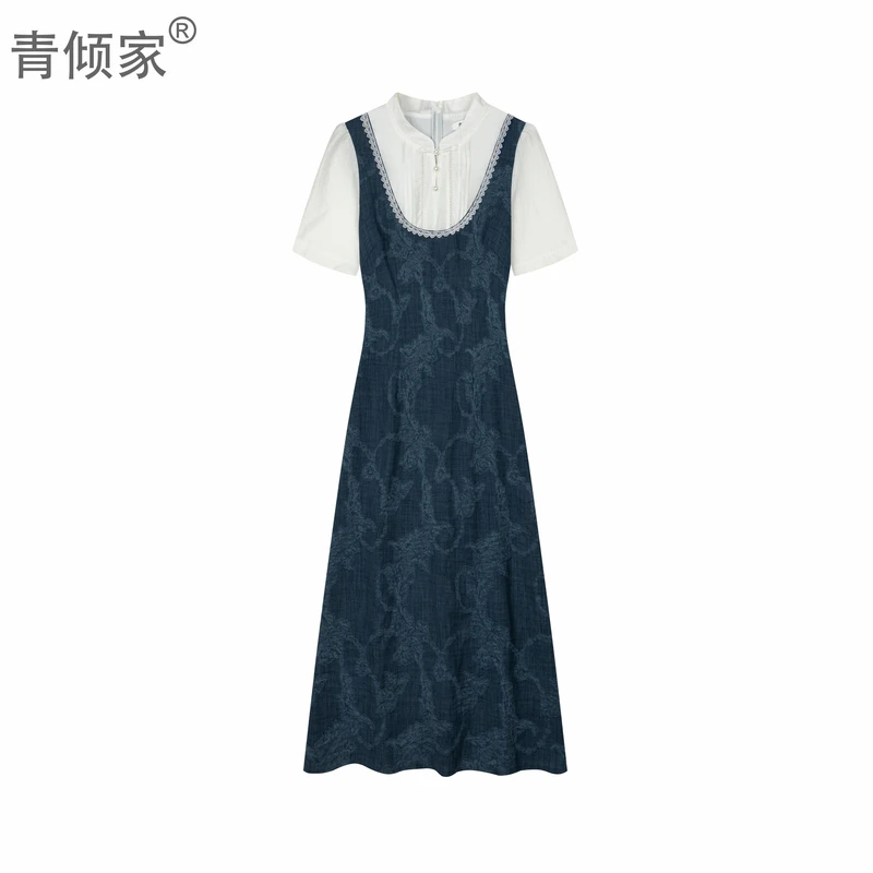 青倾家《慕枝南下》减龄提花连衣裙胖妹妹假两件时尚不开叉裙