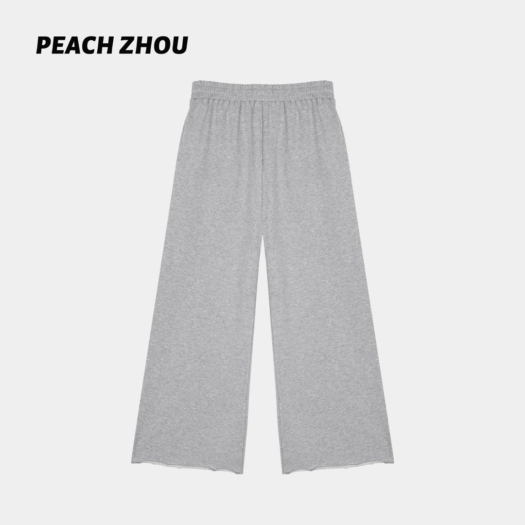 『PEACHZHOU』简约卷边毛圈宽松直筒休闲裤百搭松紧腰阔腿九分裤女