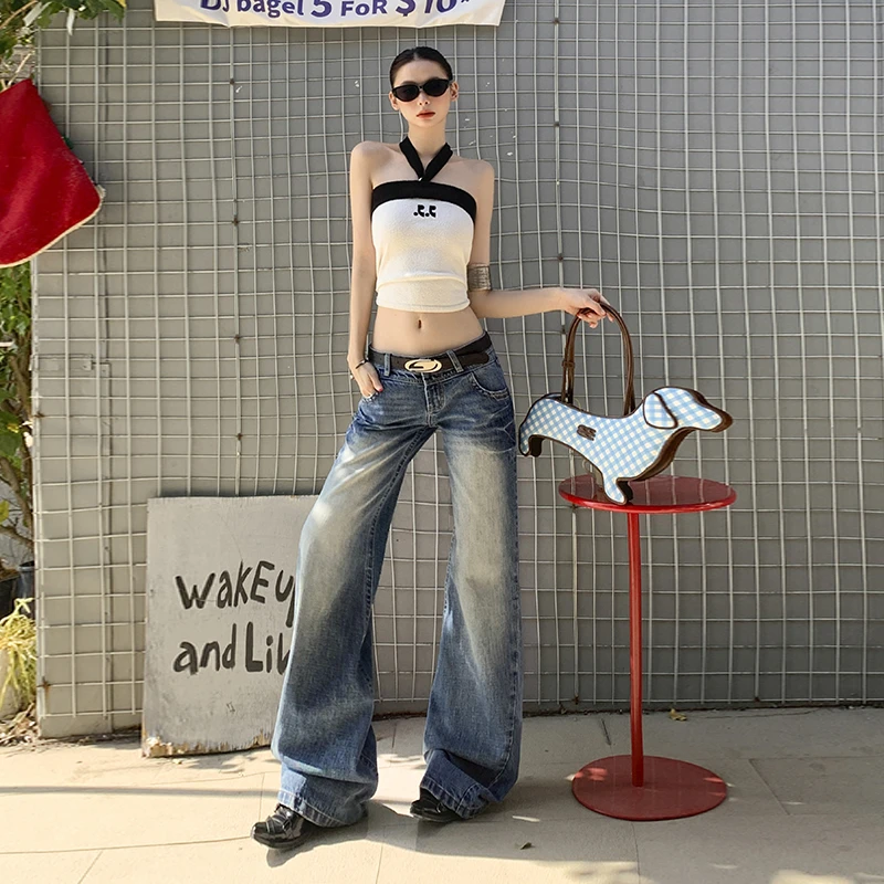 OROI/OROI复古水洗蓝牛仔裤春夏季美式高街低腰宽松直筒拖地裤